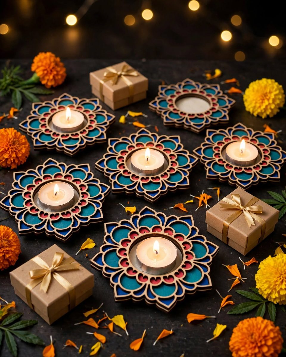 Mandala diya holders (wood, Dussehra line)
